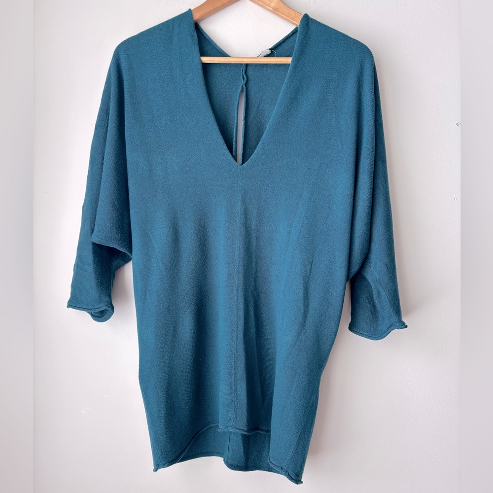 glam souls Teal V-Neck Loose Fit Sweater with Back Opening Small
